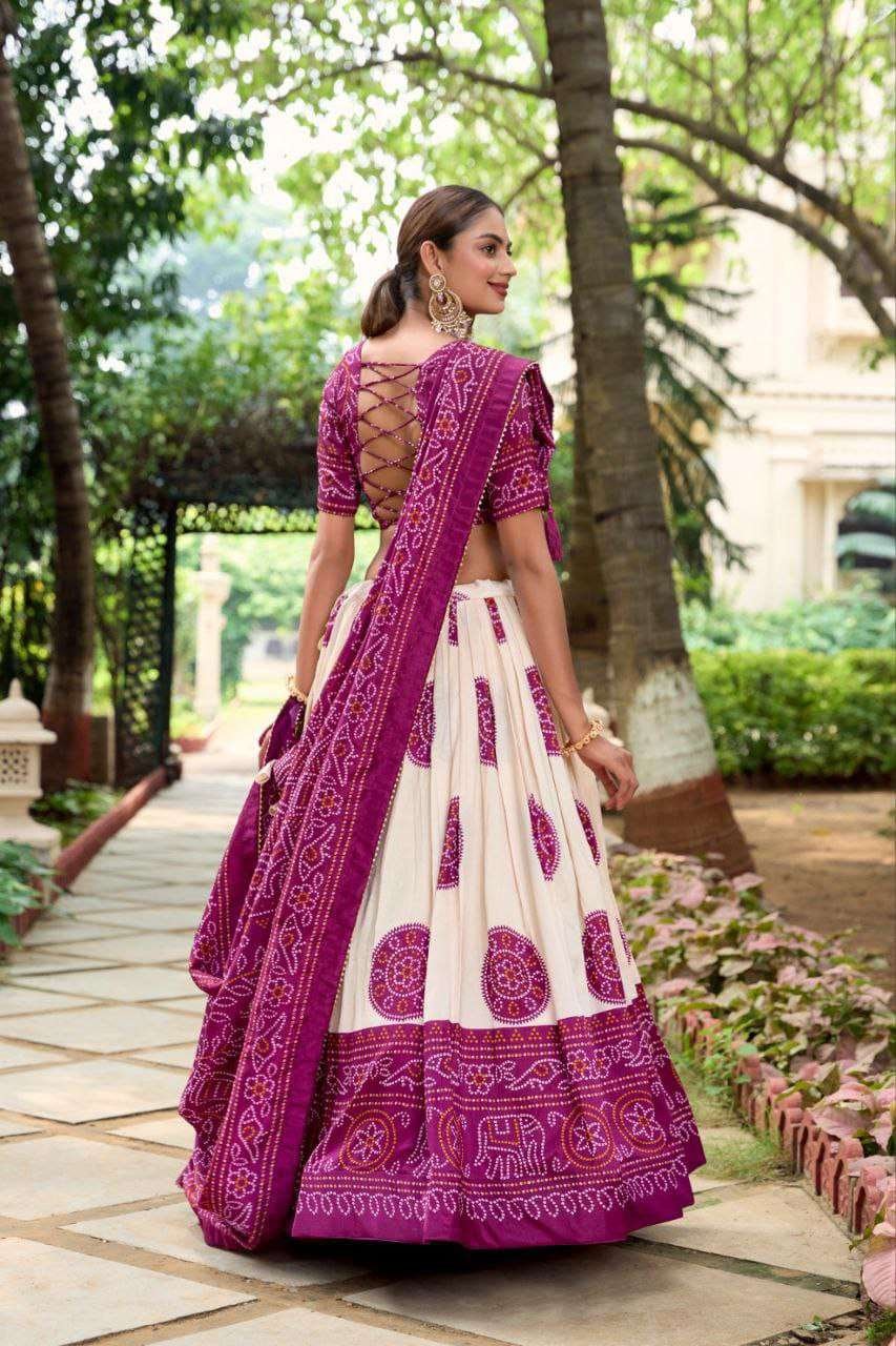 White Dola Silk Lehenga Choli with Purple Blouse & Dupatta | Bandhej & Patola Print | Wedding & Festive Wear - Image 5