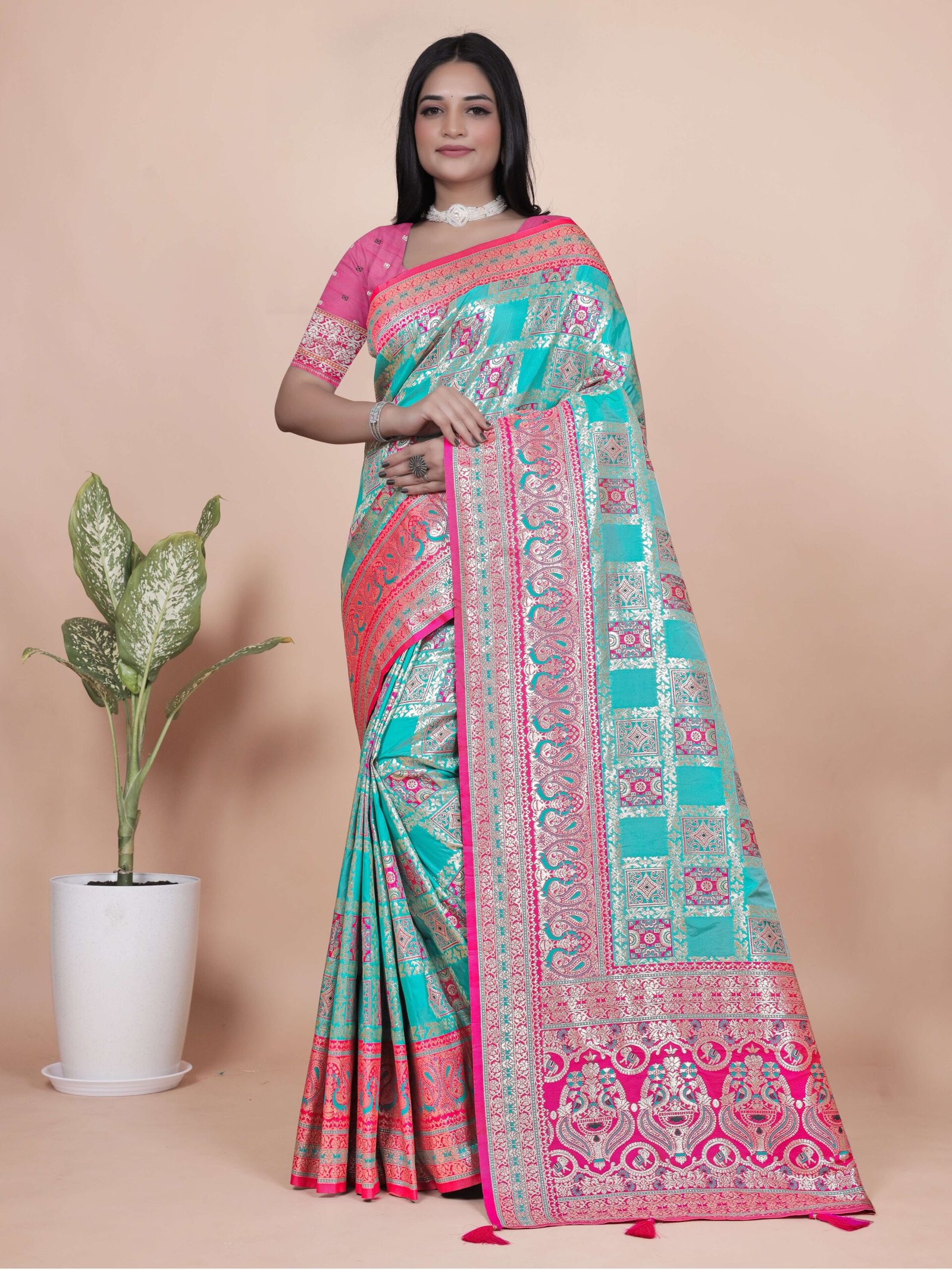 Aqua Blue & Pink Banarasi Silk Saree with Silver Zari | Festive & Wedding Wear Saree | Elegant Banarasi Saree with Contrast Pallu