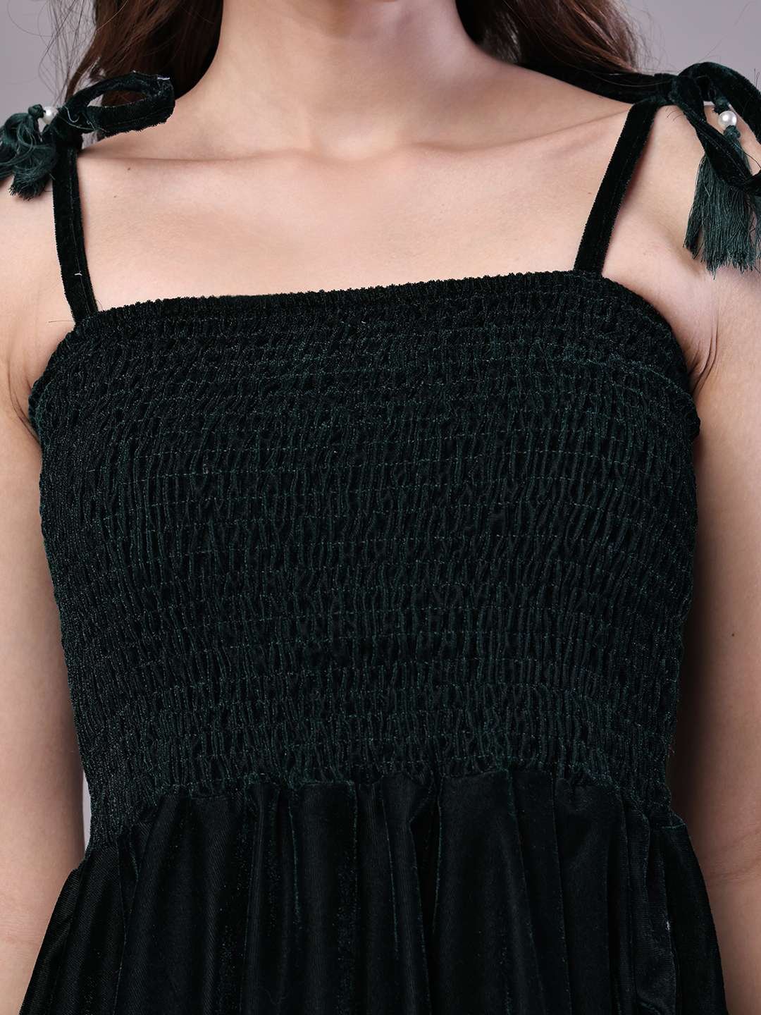 Women's Bottle Green Junglee Pattern Velvet Handkerchief Hem Dress Midi Dresses - Image 4