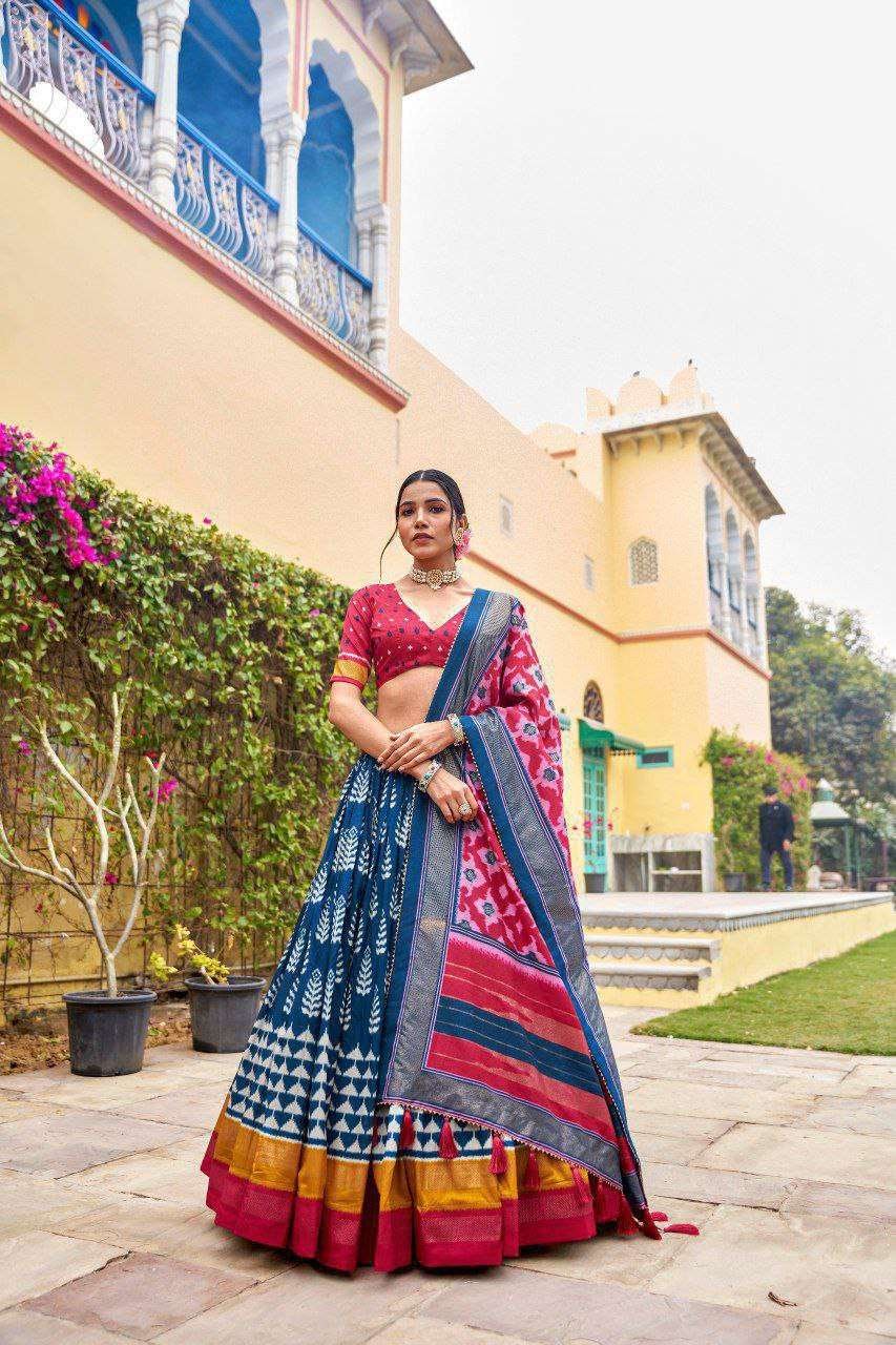 Royal Blue Dola Silk Lehenga Choli with Red Blouse | Patola Print & Foil Work | Wedding & Festive Wear - Image 2