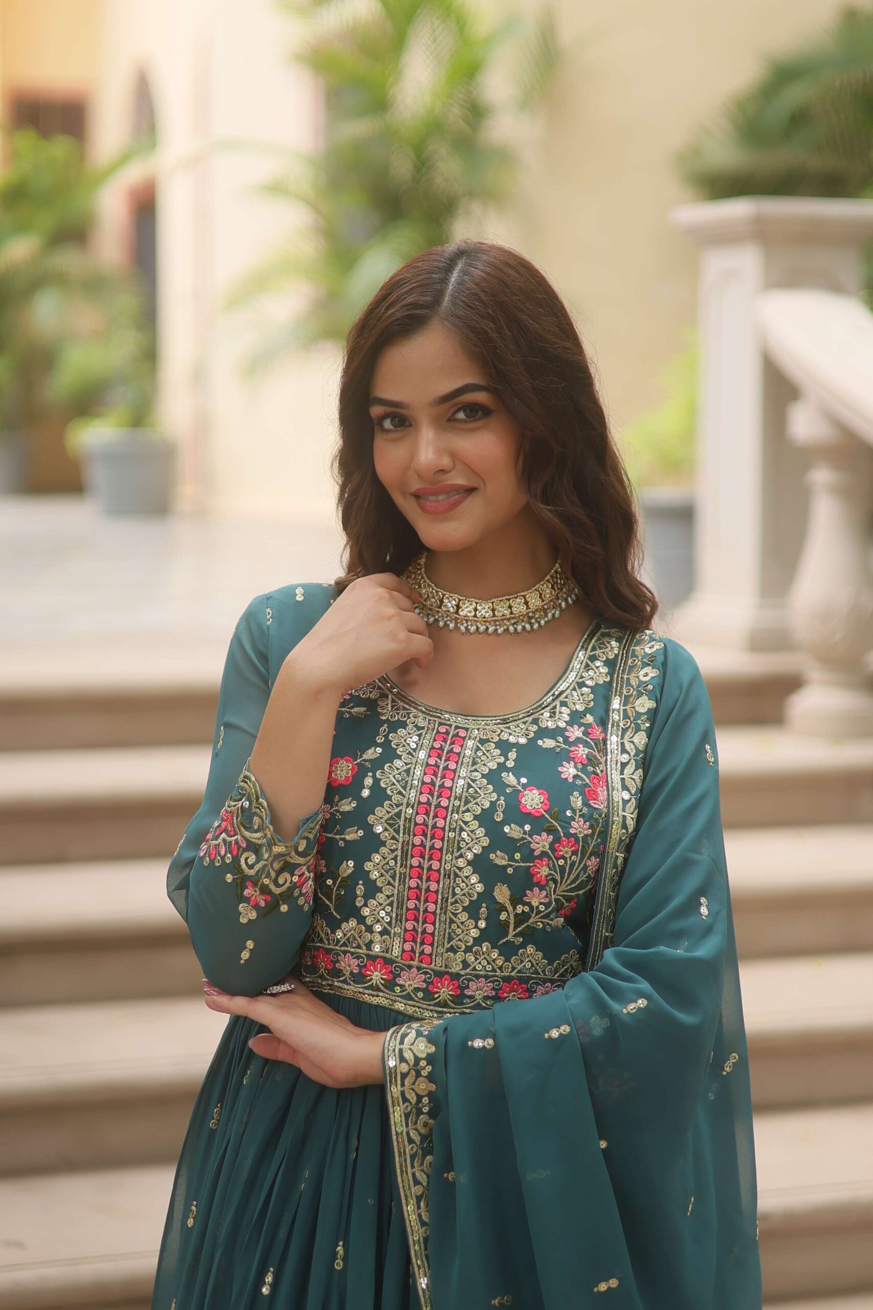 Rama Faux Georgette Sequins Embroidered Kurti with Sharara & Dupatta Set - Image 7