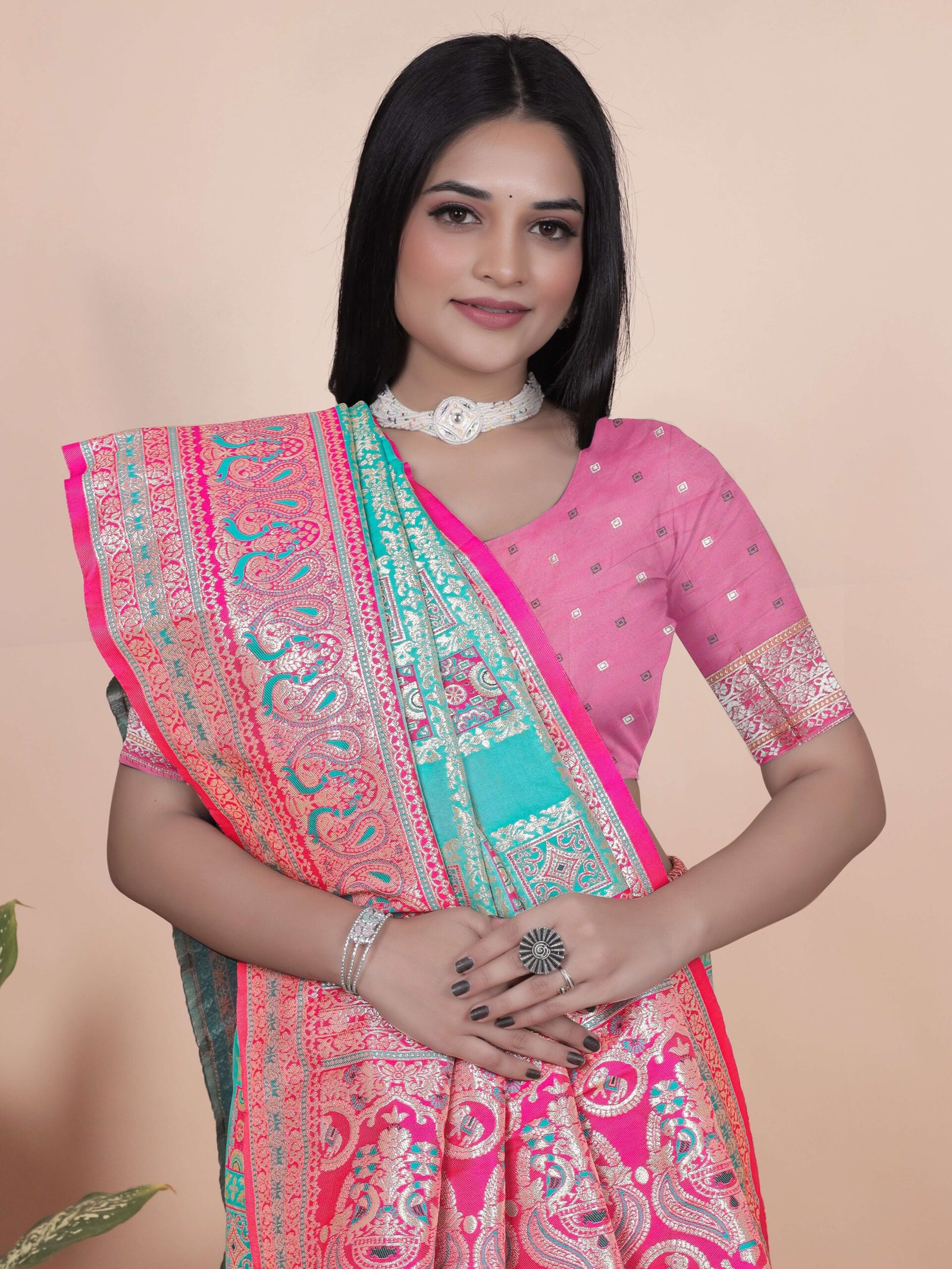 Aqua Blue & Pink Banarasi Silk Saree with Silver Zari | Festive & Wedding Wear Saree | Elegant Banarasi Saree with Contrast Pallu - Image 5